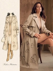 Anewsta Mantel Trench Panjang Khaki Kancing Ganda Bermotif Bunga Berongga Mewah Ringan untuk Musim Semi/Gugur - Khaki - View 1