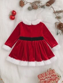 SHEIN 嬰兒幼兒復古天鵝絨聖誕風洋裝，適合嬰兒節日派對穿搭，聖誕秋季冬季洋裝 - 紅色 - 查看 2