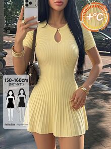 SHEIN PETITE فستان أصفر أنيق وبسيط بتصميم A-خط محبوك للنساء الصغيرات - مثالي للتنقل اليومي. - أصفر - مشاهدة 5