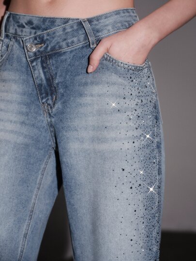 Anewsta Women's Wide Leg Jeans With Slanted Waist, Gradient Hot Stamping, Loose Floor Length, Mid Rise Pants