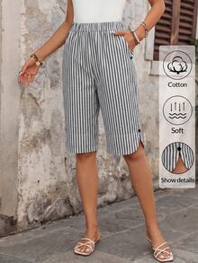 EMERY ROSE Women Black And White Striped Minimalist Casual Shorts Travel Summer - Multicolor - View 5