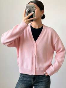 SHEIN 青少年女孩針織開襟衫，純色V領毛衣，舒適柔軟黃色百搭甜美休閒簡約日常穿搭，適合秋冬 - 粉色 - 查看 8