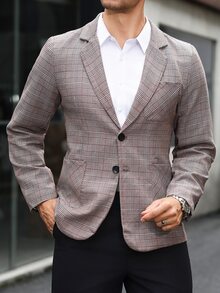 Manfinity Mode 男士復古格紋單排扣西裝，經典修身直筒剪裁，百搭商務休閒風格 - 卡其色 - 查看 1