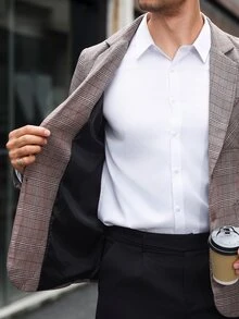 Manfinity Mode 男士復古格紋單排扣西裝，經典修身直筒剪裁，百搭商務休閒風格 - 卡其色 - 查看 4