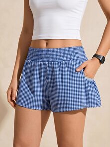 SHEIN Sports 女款時尚百搭格紋雙口袋彈性腰戶外短褲 - 彩色 - 查看 5