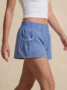 SHEIN Sports 女款時尚百搭格紋雙口袋彈性腰戶外短褲 - 彩色 - 查看 4