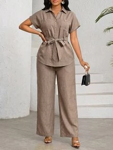 SHEIN Lady 女士夏季休闲通勤衬衫和裤子两件套 - 卡其色 - 查看 3