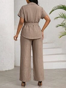 SHEIN Lady 女士夏季休闲通勤衬衫和裤子两件套 - 卡其色 - 查看 2