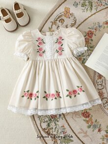 SHEIN 少女优雅花卉印花刺绣蕾丝边花瓣袖连衣裙，夏季 - 杏色 - 查看 4
