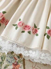 SHEIN 少女优雅花卉印花刺绣蕾丝边花瓣袖连衣裙，夏季 - 杏色 - 查看 7