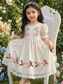 SHEIN 少女优雅花卉印花刺绣蕾丝边花瓣袖连衣裙，夏季 - 杏色 - 查看 3