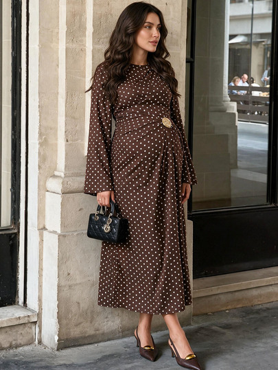 MaterniWear Elegant Polka Dot Print Maternity Commuter Dress