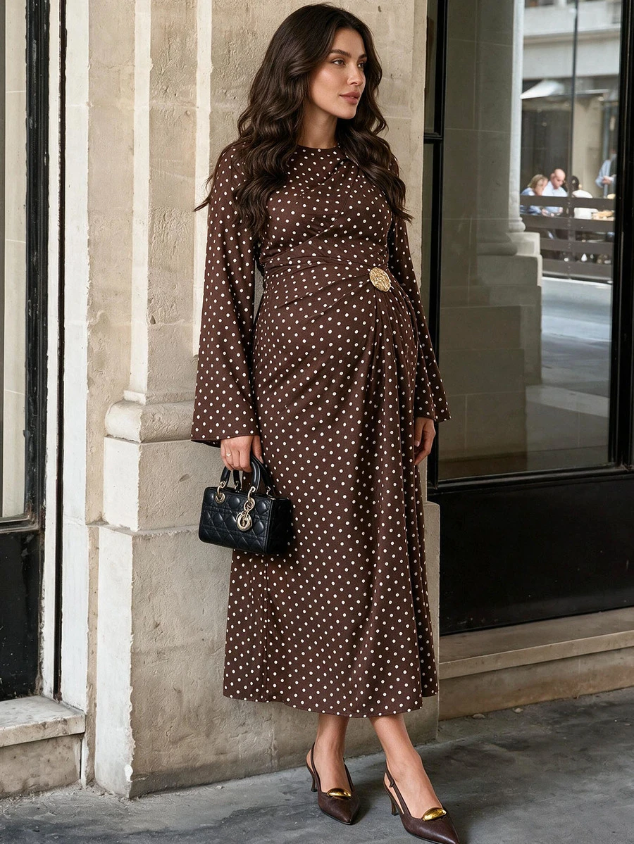 MaterniWear Elegant Polka Dot Print Maternity Commuter Dress