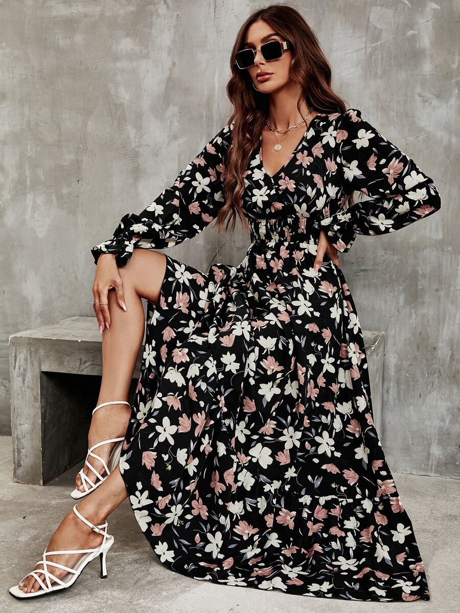 Trelyra Floral Print Flounce Sleeve Ruffle Hem Dress Maxi Women Outfit Fall Cloth For Women - Multicolor - View 1
