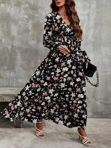 Trelyra Floral Print Flounce Sleeve Ruffle Hem Dress Maxi Women Outfit Fall Cloth For Women - Multicolor - View 5