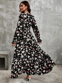 Trelyra Floral Print Flounce Sleeve Ruffle Hem Dress Maxi Women Outfit Fall Cloth For Women - Multicolor - View 2