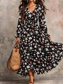 Trelyra Floral Print Flounce Sleeve Ruffle Hem Dress Maxi Women Outfit Fall Cloth For Women - Multicolor - View 7