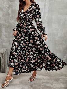 Trelyra Floral Print Flounce Sleeve Ruffle Hem Dress Maxi Women Outfit Fall Cloth For Women - Multicolor - View 3