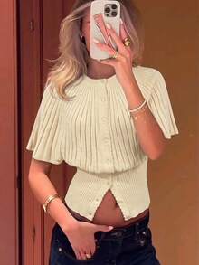 Siren Gaze Women's Ribbed Knit Batwing Sleeve Top, Elegant Button Front Top, Cape Sleeve, Suitable For Casual Daily Wear - Apricot - View 2