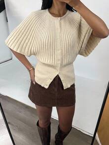Siren Gaze Women's Ribbed Knit Batwing Sleeve Top, Elegant Button Front Top, Cape Sleeve, Suitable For Casual Daily Wear - Apricot - View 4