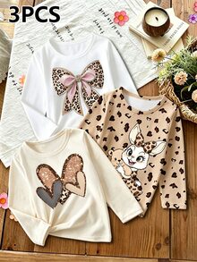 Young Girls 3pcs/Pack Long Sleeve T-Shirt Set Leopard Bowknot Bunny Graphic Print Tops Multipack Layering Shirt For Fall Style Clothing - Multicolor - View 1