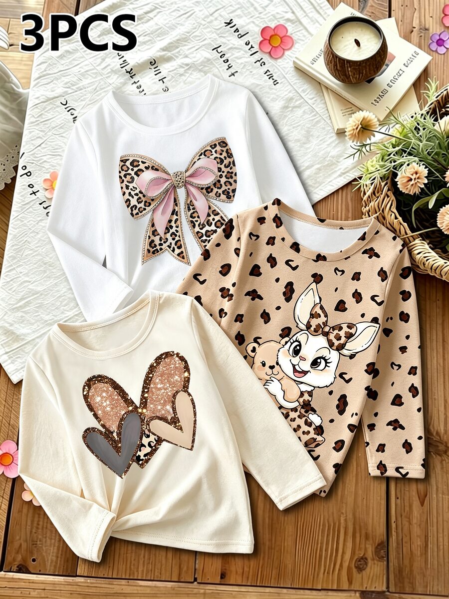 Young Girls 3pcs/Pack Long Sleeve T-Shirt Set Leopard Bowknot Bunny Graphic Print Tops Multipack Layering Shirt For Fall Style Clothing - Multicolor - View 1