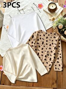Young Girls 3pcs/Pack Long Sleeve T-Shirt Set Leopard Bowknot Bunny Graphic Print Tops Multipack Layering Shirt For Fall Style Clothing - Multicolor - View 2