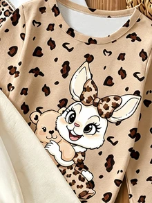 Young Girls 3pcs/Pack Long Sleeve T-Shirt Set Leopard Bowknot Bunny Graphic Print Tops Multipack Layering Shirt For Fall Style Clothing - Multicolor - View 4