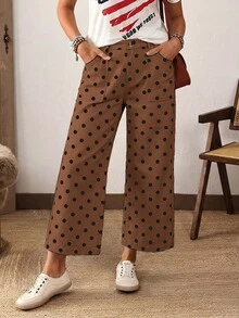 EMERY ROSE Plus Size Polka Dot Pattern Pocket Decor Straight Leg Jeans - Coffee Brown - View 1
