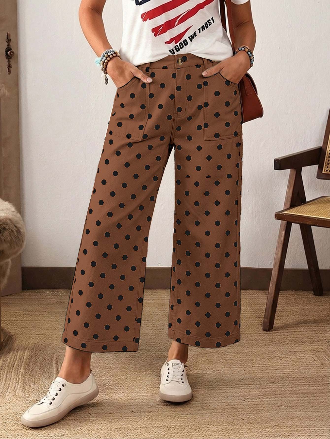 EMERY ROSE Plus Size Polka Dot Pattern Pocket Decor Straight Leg Jeans - Coffee Brown - View 1