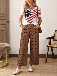 EMERY ROSE Plus Size Polka Dot Pattern Pocket Decor Straight Leg Jeans - Coffee Brown - View 7