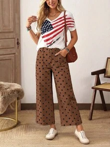 EMERY ROSE Plus Size Polka Dot Pattern Pocket Decor Straight Leg Jeans - Coffee Brown - View 8