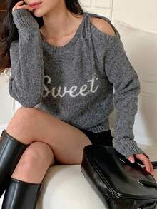 DAZY Women's Letter Print Casual Versatile Daily Wear Long Sleeve Sweater - Grey - View 5
