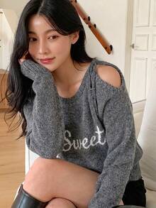 DAZY Women's Letter Print Casual Versatile Daily Wear Long Sleeve Sweater - Grey - View 3