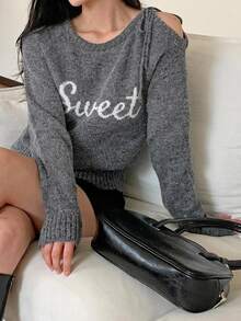 DAZY Women's Letter Print Casual Versatile Daily Wear Long Sleeve Sweater - Grey - View 4