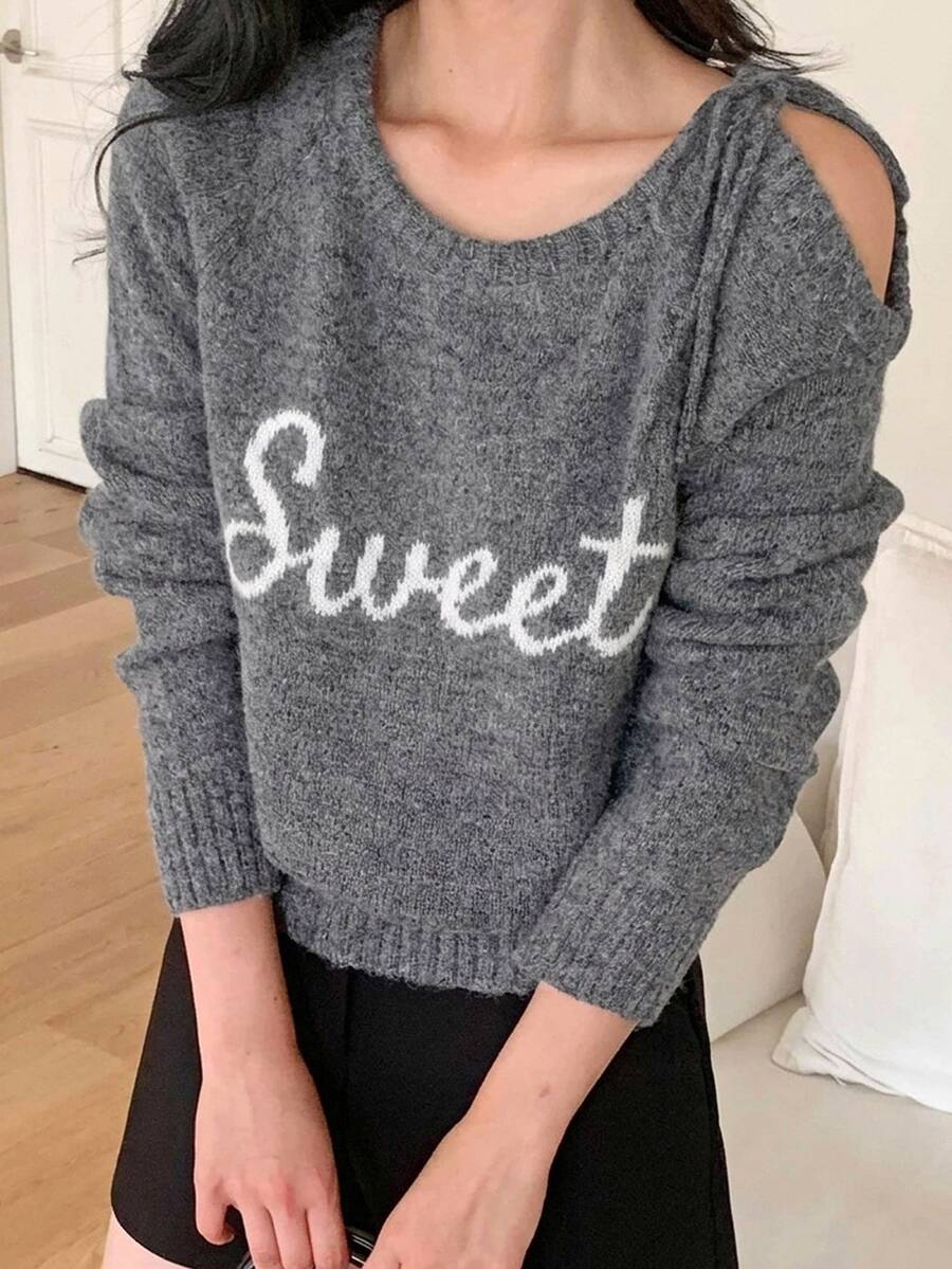 DAZY Women's Letter Print Casual Versatile Daily Wear Long Sleeve Sweater - Grey - View 1