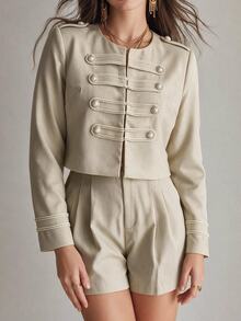Vionelle Setelan Dua Potong Wanita Ukuran Besar Musim Gugur-Musim Dingin Elegan Kasual Retro Gaya Napoleon Prancis, Jaket Lengan Panjang Berkancing dan Celana Pendek Pinggang Sedang, Warna Beige Brunch - Khaki - View 4