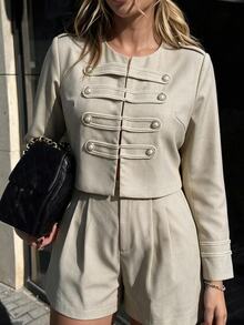 Vionelle Setelan Dua Potong Wanita Ukuran Besar Musim Gugur-Musim Dingin Elegan Kasual Retro Gaya Napoleon Prancis, Jaket Lengan Panjang Berkancing dan Celana Pendek Pinggang Sedang, Warna Beige Brunch - Khaki - View 1