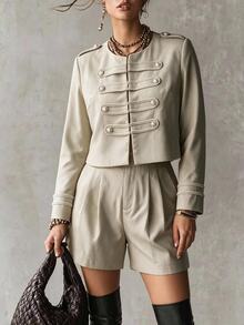 Vionelle Setelan Dua Potong Wanita Ukuran Besar Musim Gugur-Musim Dingin Elegan Kasual Retro Gaya Napoleon Prancis, Jaket Lengan Panjang Berkancing dan Celana Pendek Pinggang Sedang, Warna Beige Brunch - Khaki - View 3
