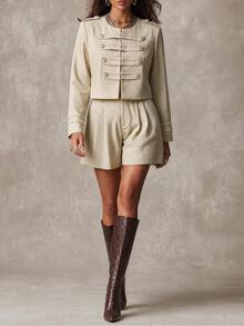 Vionelle Setelan Dua Potong Wanita Ukuran Besar Musim Gugur-Musim Dingin Elegan Kasual Retro Gaya Napoleon Prancis, Jaket Lengan Panjang Berkancing dan Celana Pendek Pinggang Sedang, Warna Beige Brunch - Khaki - View 5