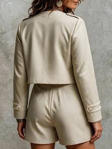 Vionelle Setelan Dua Potong Wanita Ukuran Besar Musim Gugur-Musim Dingin Elegan Kasual Retro Gaya Napoleon Prancis, Jaket Lengan Panjang Berkancing dan Celana Pendek Pinggang Sedang, Warna Beige Brunch - Khaki - View 2