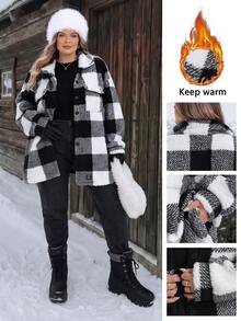 SHEIN CURVE+ Jaket Musim Dingin Lengan Panjang Kancing Depan Motif Kotak-kotak Berbulu Dua Sisi - Hitam dan Putih - View 1