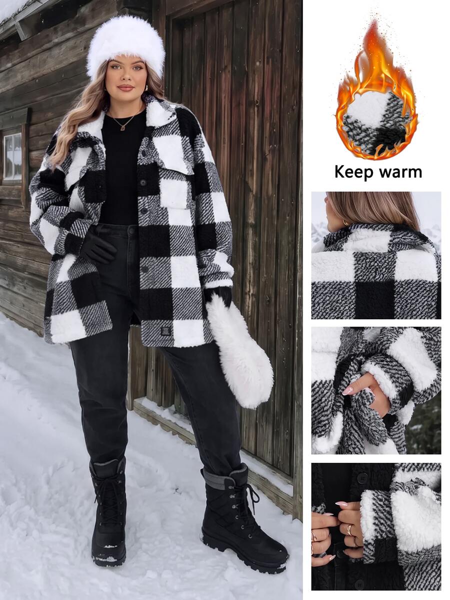 SHEIN CURVE+ Jaket Musim Dingin Lengan Panjang Kancing Depan Motif Kotak-kotak Berbulu Dua Sisi - Hitam dan Putih - View 1