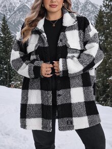 SHEIN CURVE+ Jaket Musim Dingin Lengan Panjang Kancing Depan Motif Kotak-kotak Berbulu Dua Sisi - Hitam dan Putih - View 5