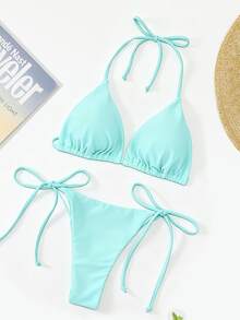 Oceva Solid Color Sexy Tie-Up Bikini Two-Piece Swimwear Set Beachwear For Women - Mint Blue - View 4