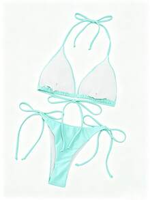 Oceva Solid Color Sexy Tie-Up Bikini Two-Piece Swimwear Set Beachwear For Women - Mint Blue - View 3
