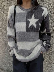 DAZY Star Pattern Drop Shoulder Oversized Sweater - Grey - View 6