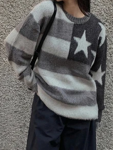 DAZY Star Pattern Drop Shoulder Oversized Sweater - Grey - View 7