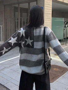 DAZY Star Pattern Drop Shoulder Oversized Sweater - Grey - View 4