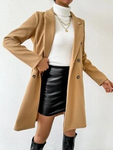 SHEIN 女款雙排扣翻領羊毛大衣，秋冬女裝，適合嬌小女性 - 駝色 - 查看 6